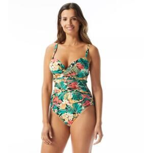 NEW Coco Reef One Piece Swimsuit Size 34D Green Floral Flattering Fit Underwire